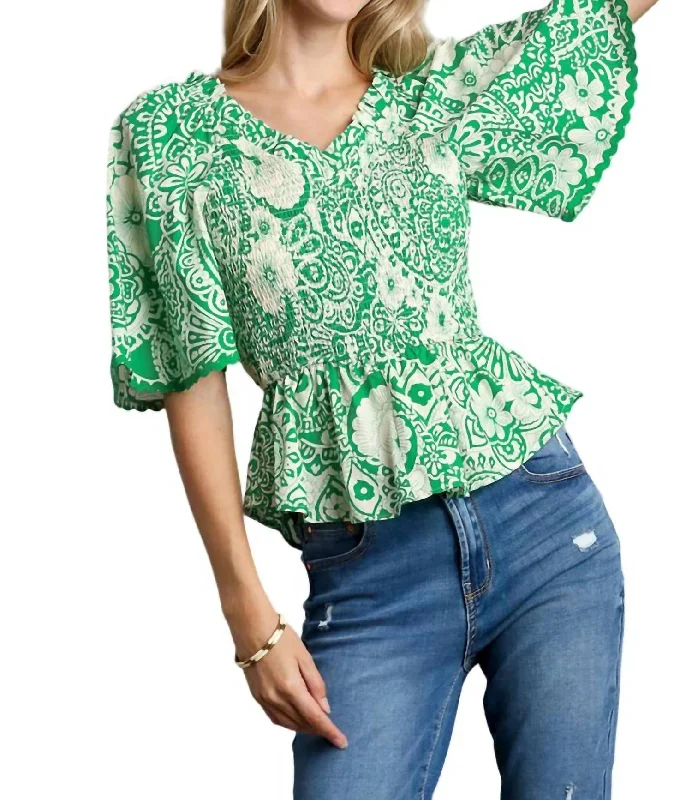 Paisley V-Neck Smocked Top In Green