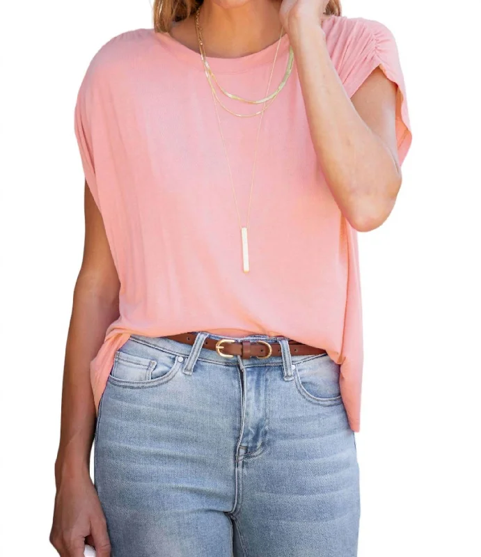 Super Soft Casual Ruched Shoulder Tee In Light Peach