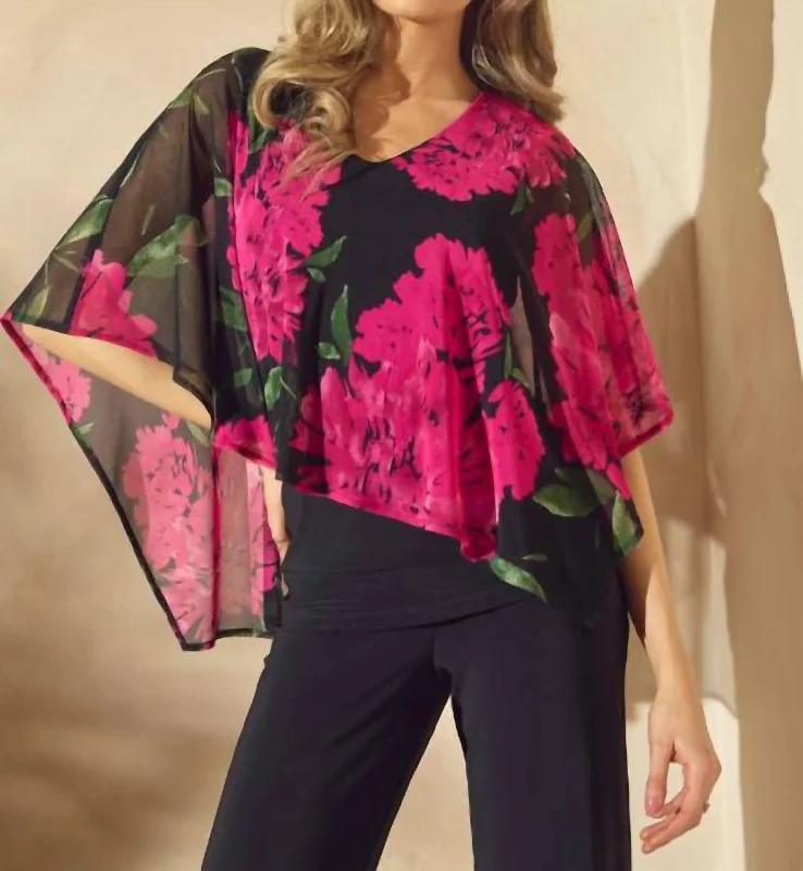 241100 - Floral Overlay Blouse In Blk/fuchsia