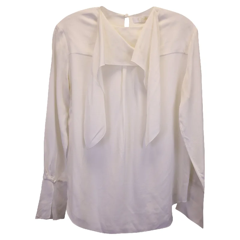 Chloé Tie-Neck Long-Sleeve Blouse in White Silk