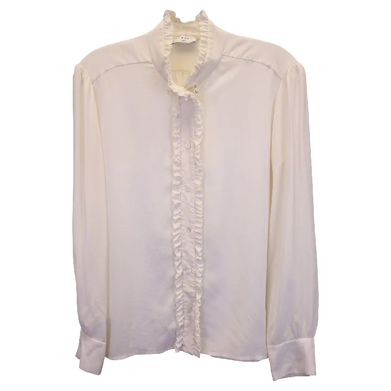 Sandro Paris Hanni Ruffled Button-Up Blouse in White Silk