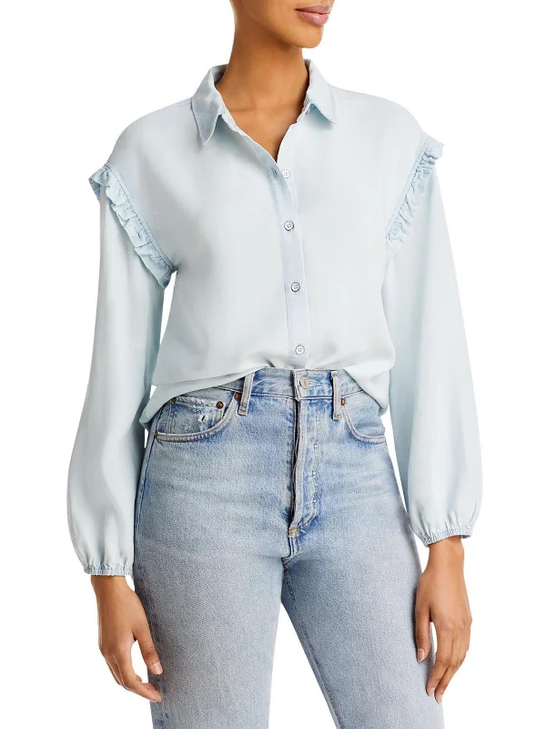 Sylvie Womens Ruffled Trim Button Down Blouse