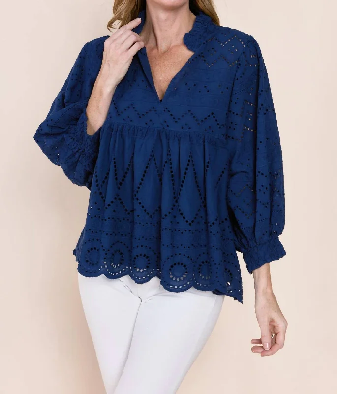 Tracy Cotton Eyelet Blouse In Navy