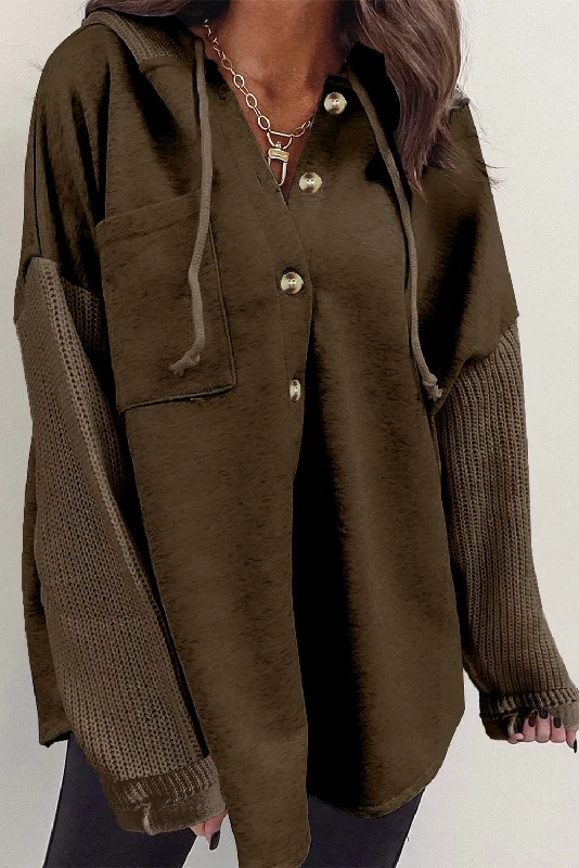 Dark Brown Button Up Contrast Knitted Sleeves Hooded Jacket