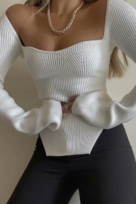 Low Cut Slit Hem Ribbed Knit Tops