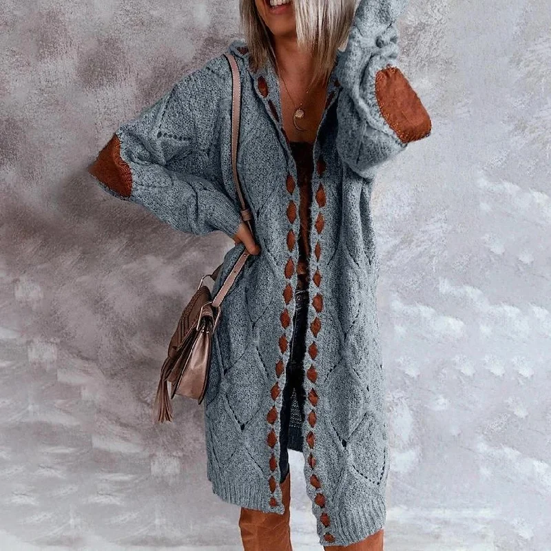 Women's Knitted Color Block Hooded Cardigan Sweater