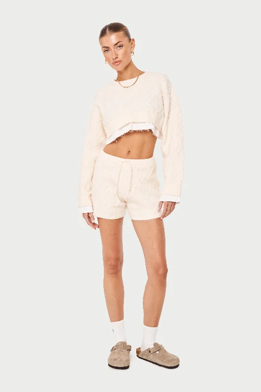 CABLE KNITTED CROPPED SWEATER - OFF WHITE