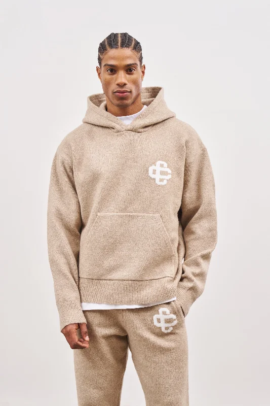 FLUFFY KNIT EMBLEM HOODIE - BEIGE