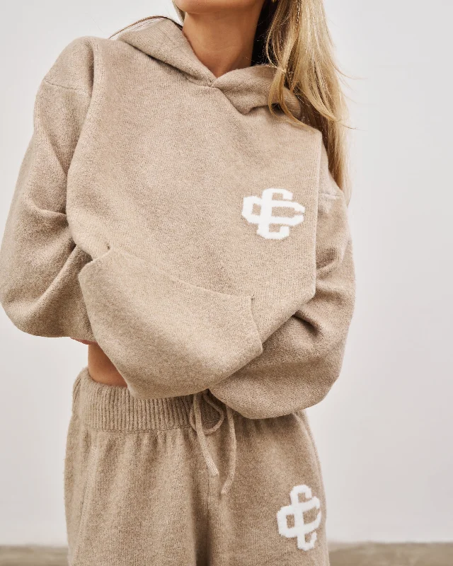 FLUFFY KNIT EMBLEM HOODIE - BEIGE