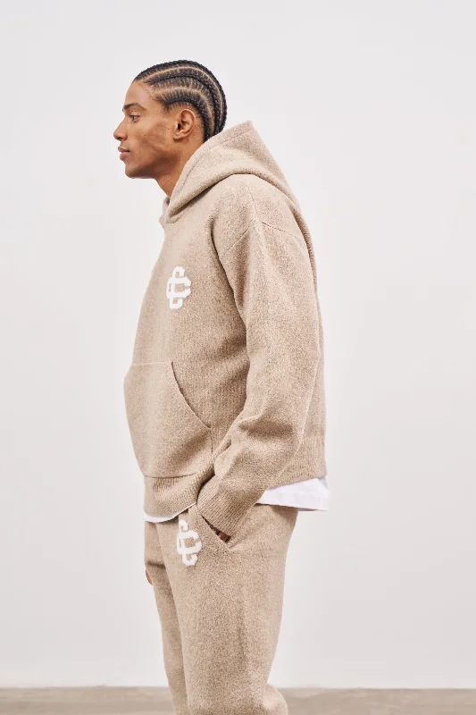 FLUFFY KNIT EMBLEM HOODIE - BEIGE