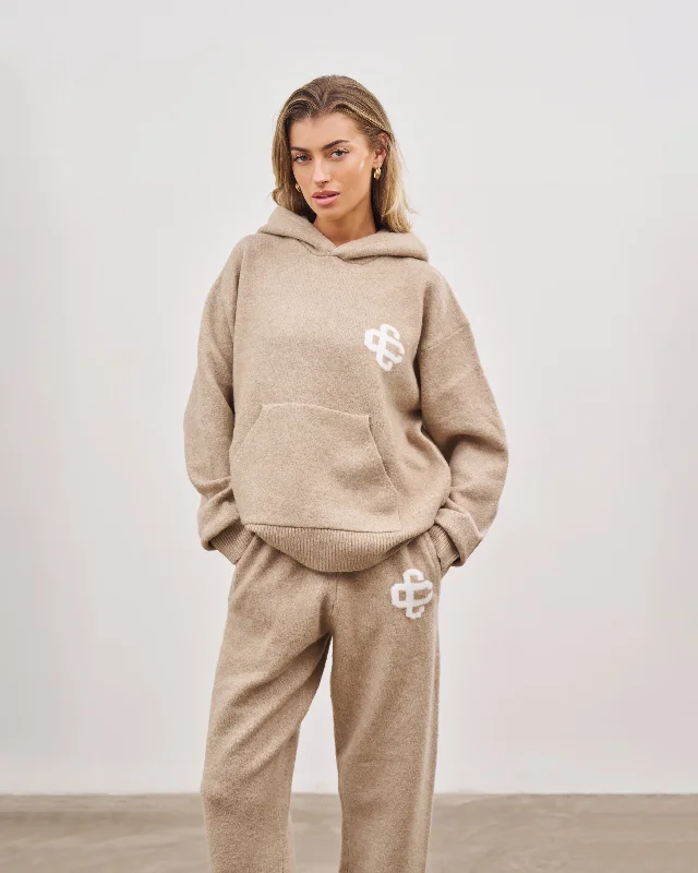 FLUFFY KNIT EMBLEM HOODIE - BEIGE