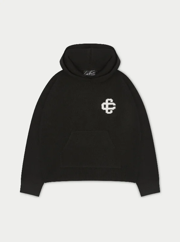 FLUFFY KNIT EMBLEM HOODIE - BLACK