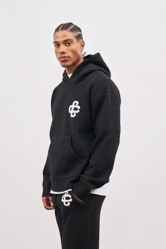 FLUFFY KNIT EMBLEM HOODIE - BLACK