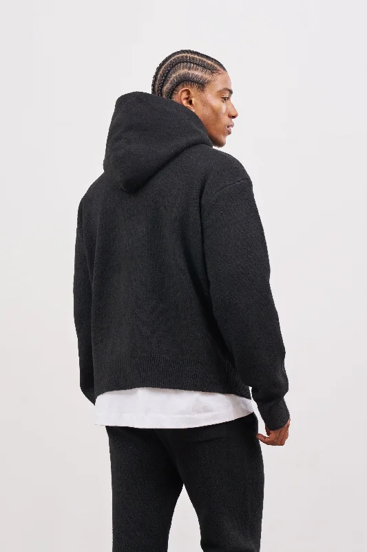 FLUFFY KNIT EMBLEM HOODIE - BLACK