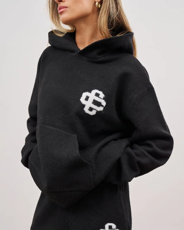 FLUFFY KNIT EMBLEM HOODIE - BLACK