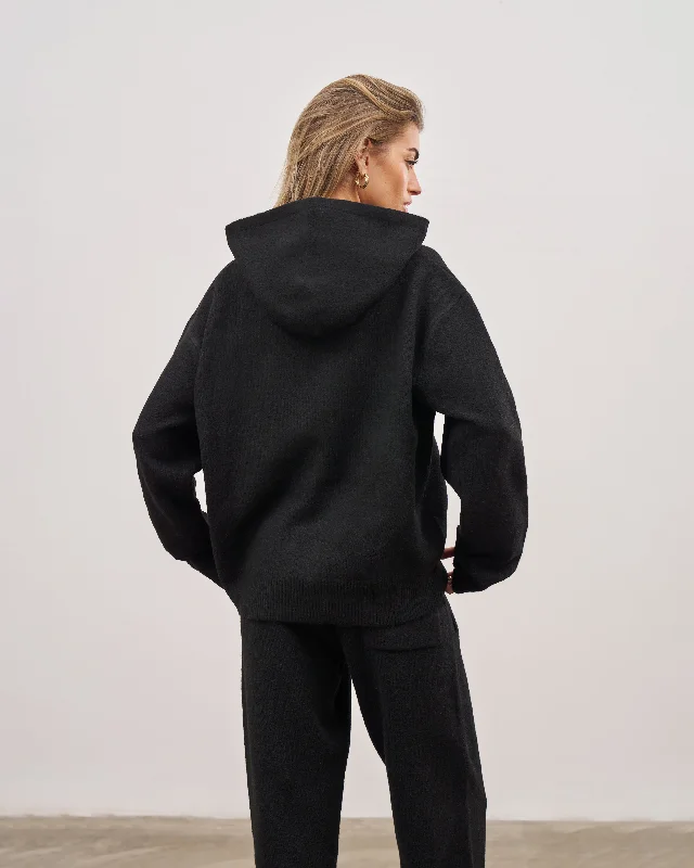 FLUFFY KNIT EMBLEM HOODIE - BLACK