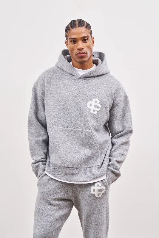 FLUFFY KNIT EMBLEM HOODIE - GREY MARL