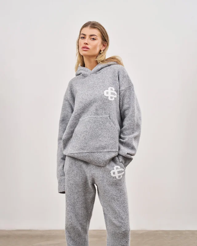 FLUFFY KNIT EMBLEM HOODIE - GREY MARL