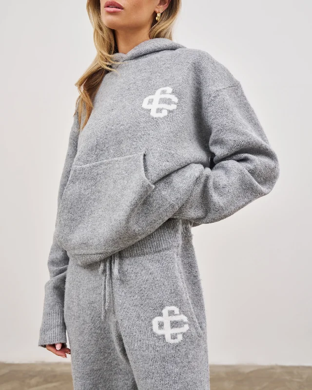 FLUFFY KNIT EMBLEM HOODIE - GREY MARL