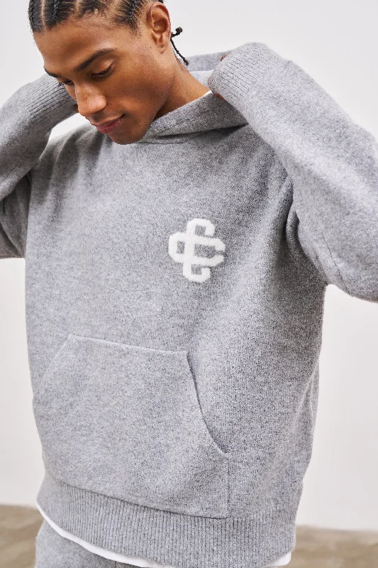 FLUFFY KNIT EMBLEM HOODIE - GREY MARL