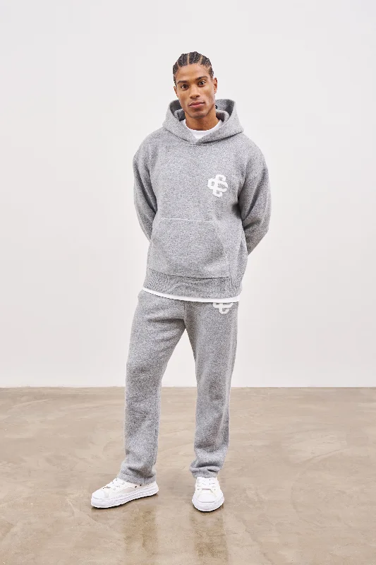 FLUFFY KNIT EMBLEM HOODIE - GREY MARL