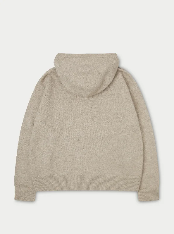 FLUFFY EMBLEM KNITTED HOODIE - BEIGE