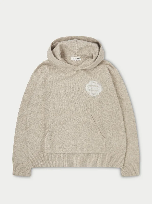 FLUFFY EMBLEM KNITTED HOODIE - BEIGE