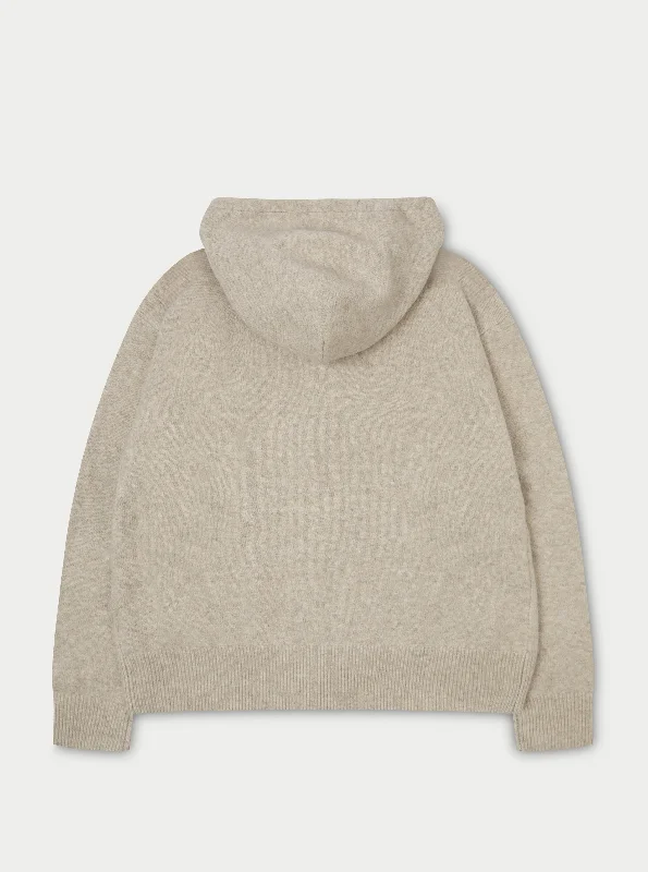 FLUFFY EMBLEM ZIP THROUGH KNITTED HOODIE - BEIGE