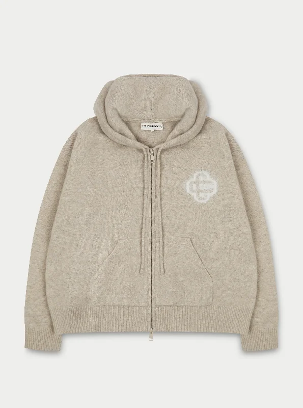 FLUFFY EMBLEM ZIP THROUGH KNITTED HOODIE - BEIGE