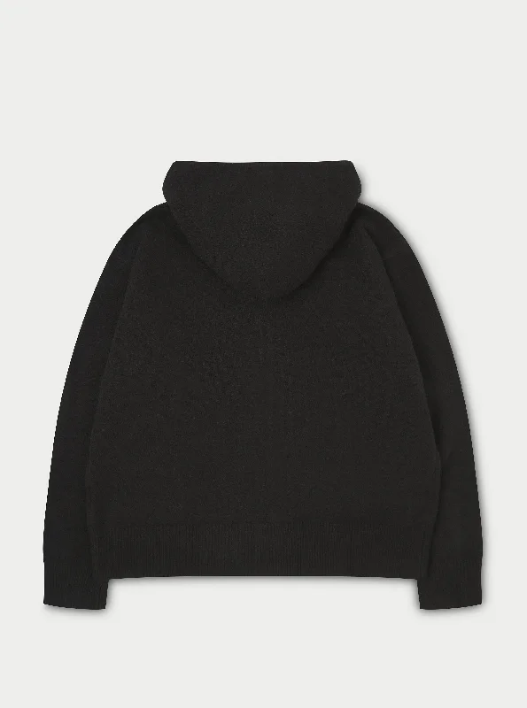 FLUFFY EMBLEM ZIP THROUGH KNITTED HOODIE - BLACK