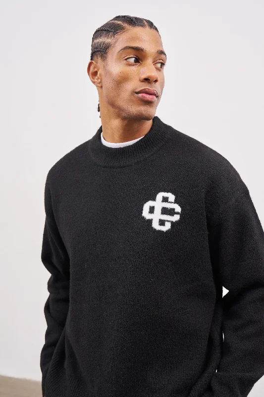 FLUFFY KNIT EMBLEM CREW - BLACK