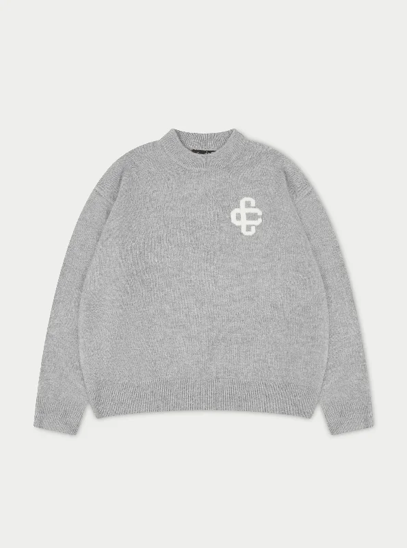 FLUFFY KNIT EMBLEM CREW - GREY MARL