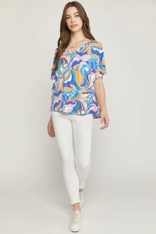 Abstract V-Neck Top, Blue