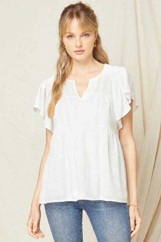 Flutter Sleeve Eyelet Top, White