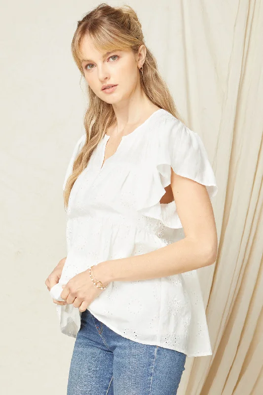 Flutter Sleeve Eyelet Top, White