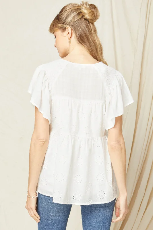 Flutter Sleeve Eyelet Top, White