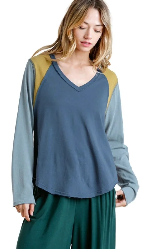 Raw Edge Color Block Top, Indigo