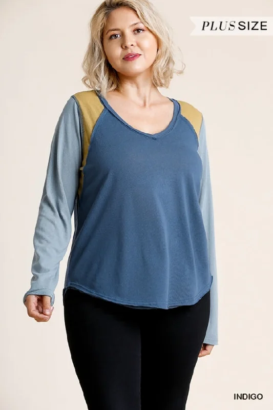 Raw Edge Color Block Top, Indigo