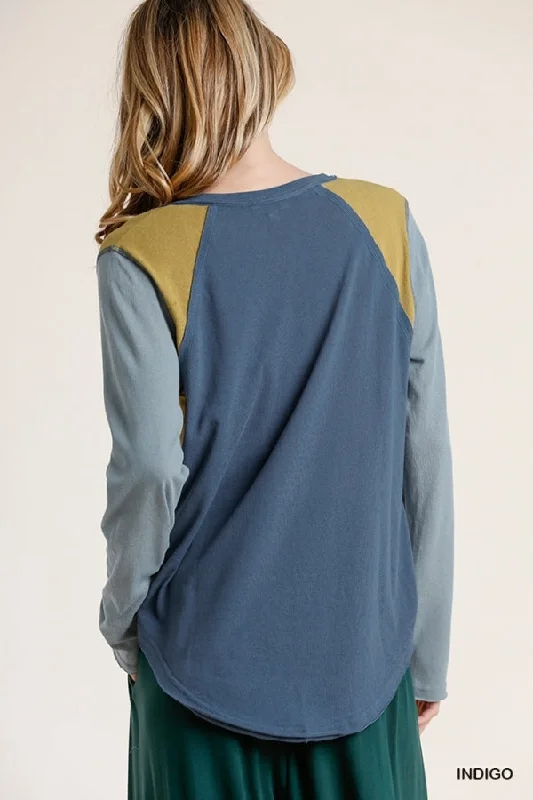 Raw Edge Color Block Top, Indigo