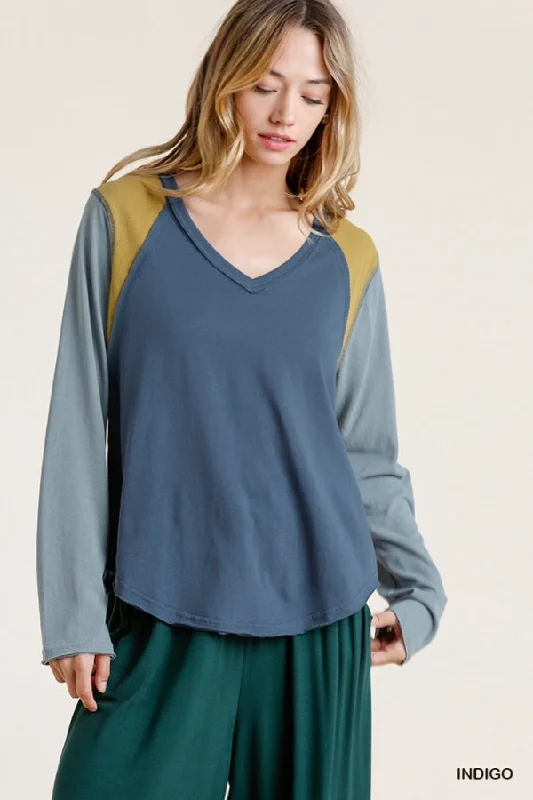 Raw Edge Color Block Top, Indigo