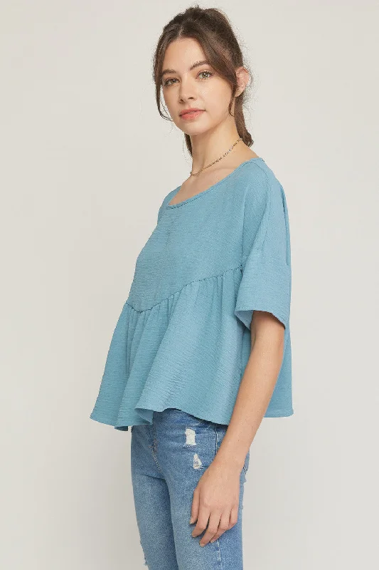 Round Neck Babydoll Top, Blue