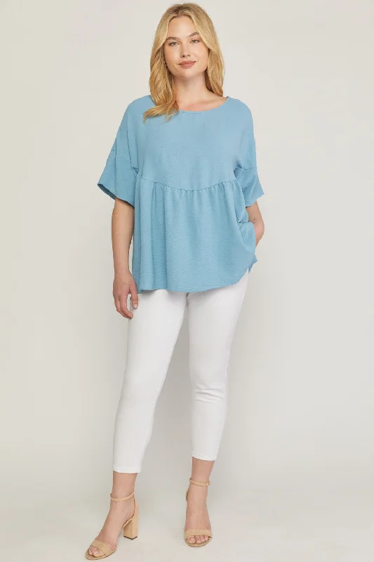 Round Neck Babydoll Top, Blue