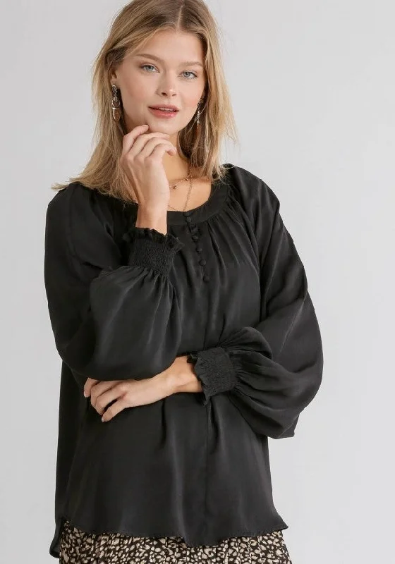 Washed Satin Blouse, Black