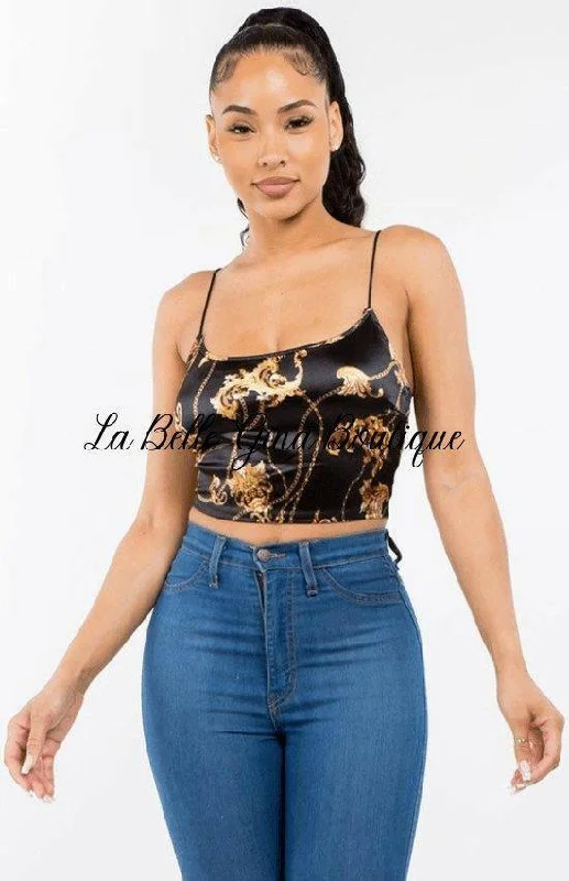 DANE Sleeveless chain print satin crop top.