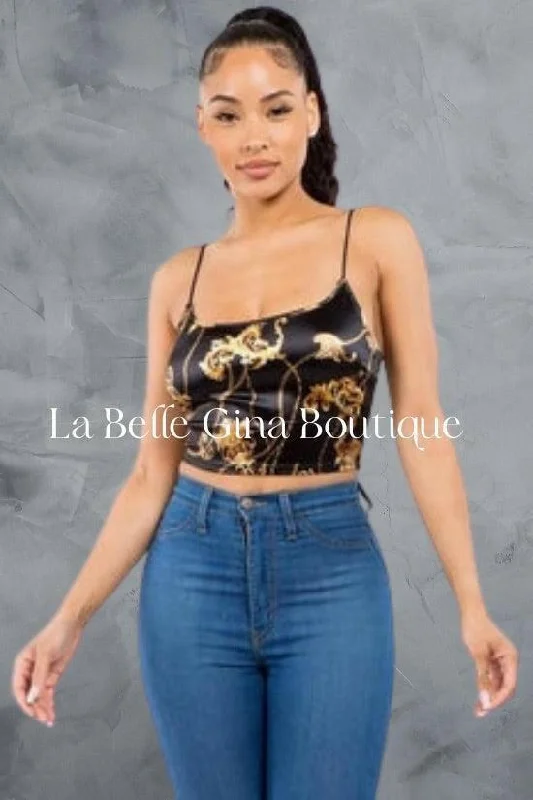 DANE Sleeveless chain print satin crop top.