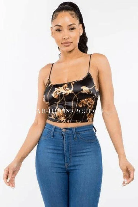 DANE Sleeveless chain print satin crop top.