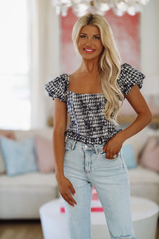 Cookout Season Gingham Crop Top - Navy and White