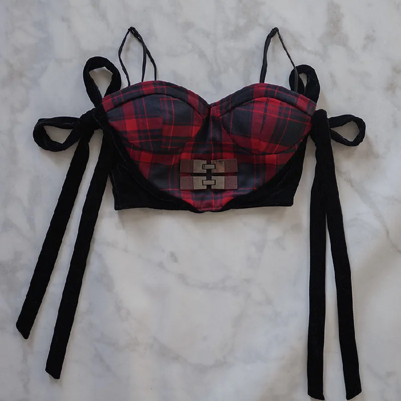 Mei Fun Plaid Velvet Strap Crop Top