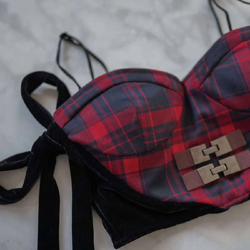 Mei Fun Plaid Velvet Strap Crop Top