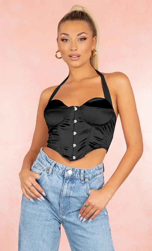 Sweet Idea Black Satin Sleeveless Bustier Halter Crop Top Blouse